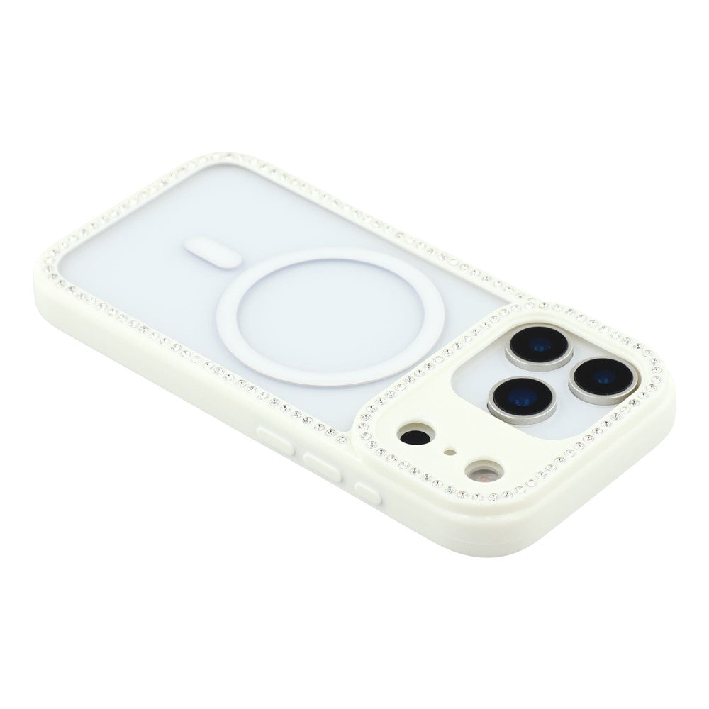 For iPhone 17 Pro Max Case Compatible with MagSafe Sparkling Rhinestone Decor TPU + PC Clear Phone Back Cover - White