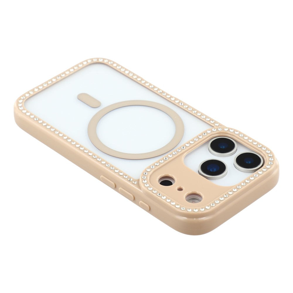 For iPhone 17 Pro Max Case Compatible with MagSafe Sparkling Rhinestone Decor TPU + PC Clear Phone Back Cover - Brown