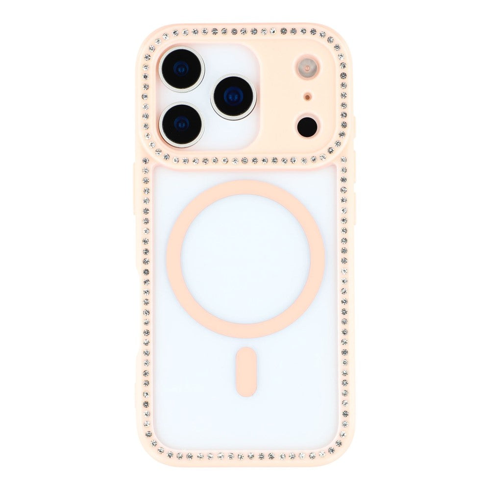 For iPhone 17 Pro Max Case Compatible with MagSafe Sparkling Rhinestone Decor TPU + PC Clear Phone Back Cover - Pink