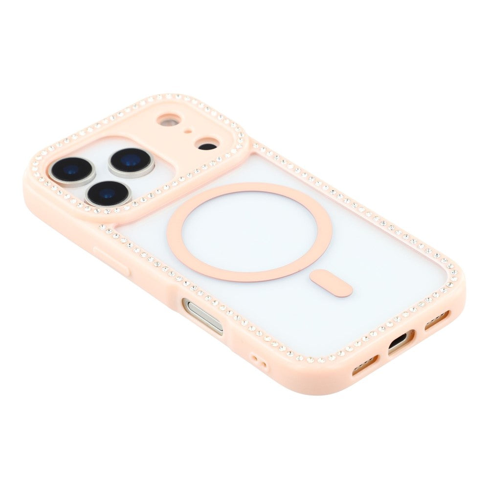 For iPhone 17 Pro Max Case Compatible with MagSafe Sparkling Rhinestone Decor TPU + PC Clear Phone Back Cover - Pink
