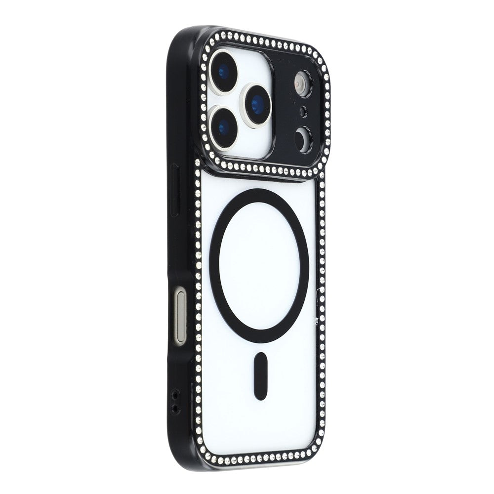 For iPhone 17 Pro Max Case Compatible with MagSafe Sparkling Rhinestone Decor TPU + PC Clear Phone Back Cover - Black