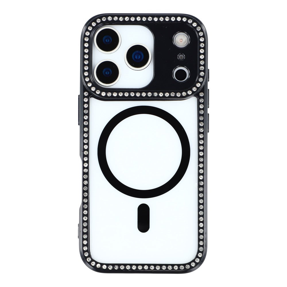 For iPhone 17 Pro Max Case Compatible with MagSafe Sparkling Rhinestone Decor TPU + PC Clear Phone Back Cover - Black