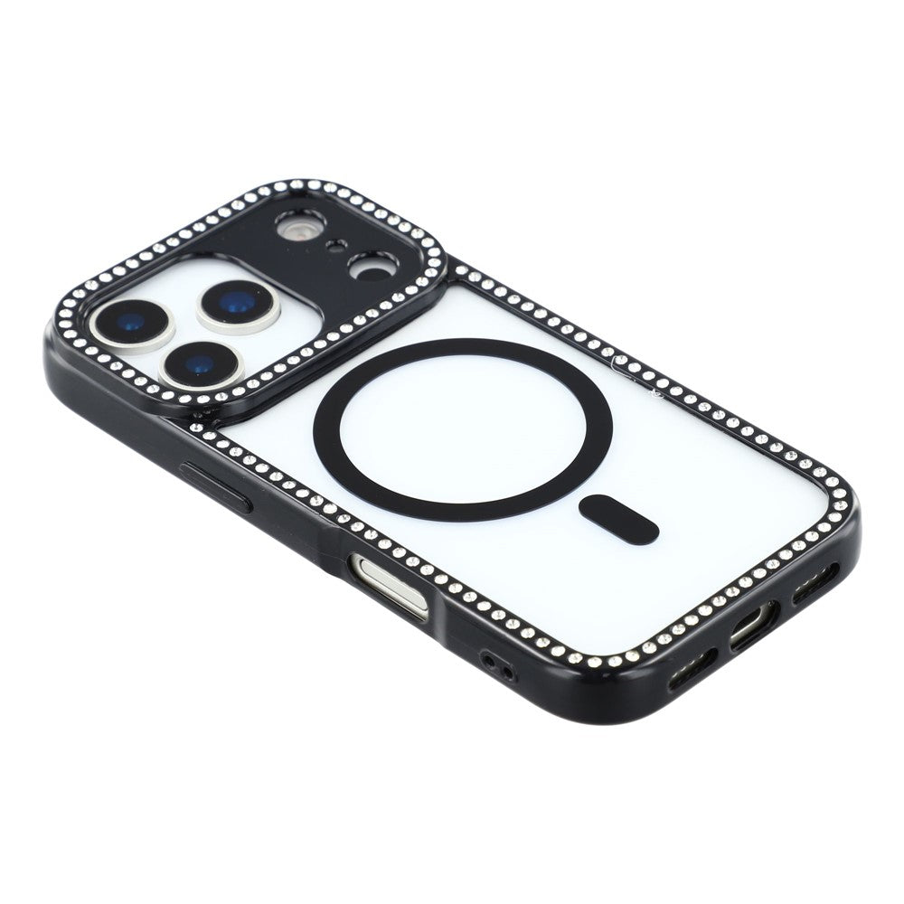 For iPhone 17 Pro Max Case Compatible with MagSafe Sparkling Rhinestone Decor TPU + PC Clear Phone Back Cover - Black