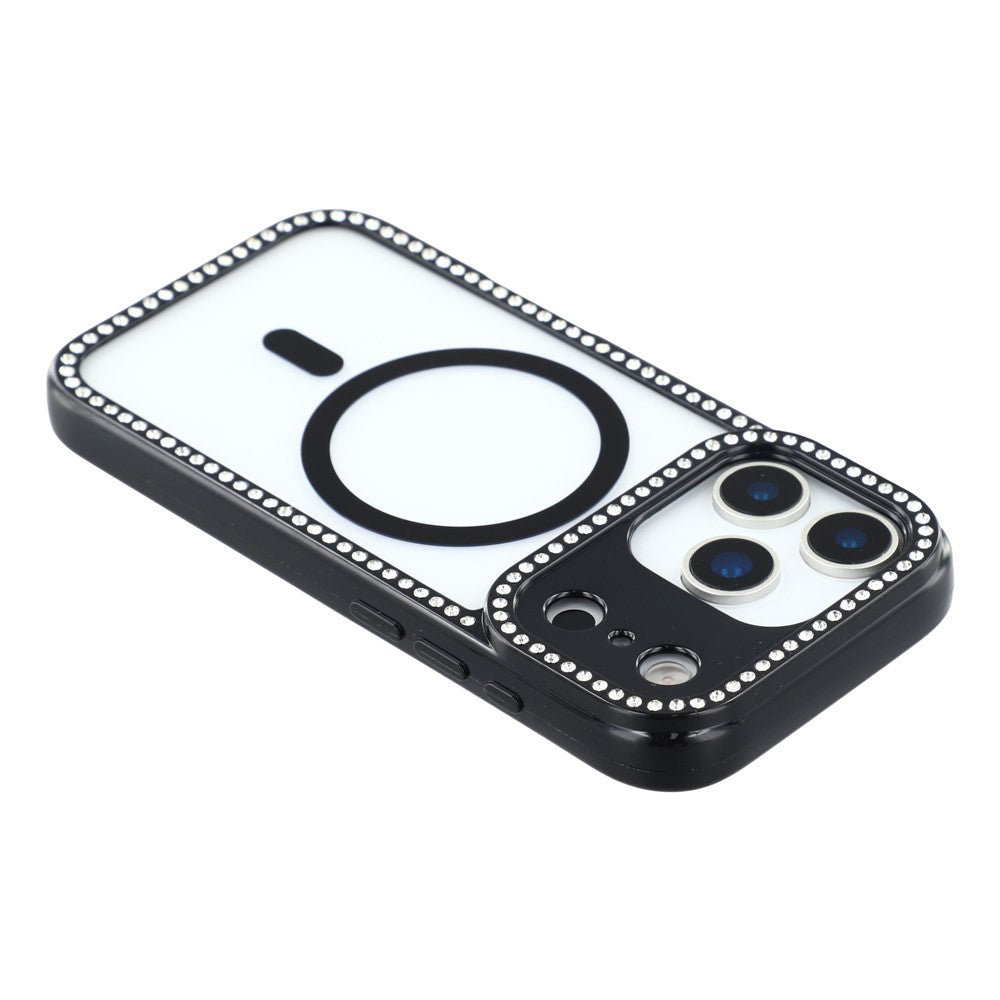 For iPhone 17 Pro Max Case Compatible with MagSafe Sparkling Rhinestone Decor TPU + PC Clear Phone Back Cover - Black