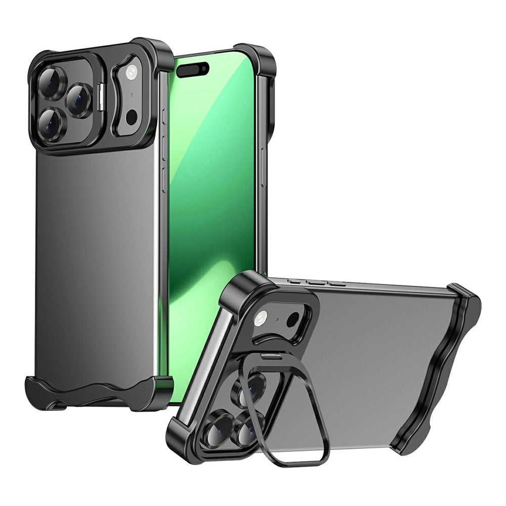 For iPhone 17 Pro Max Bumper Case Lens Kickstand Heat Dissipating Metal Corner Phone Cover - Black