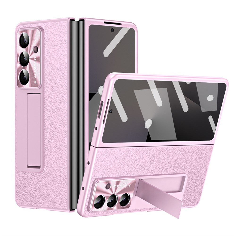 For Samsung Galaxy Z Fold7 5G Case Kickstand Leather + PC Phone Cover with Tempered Glass Film - Pink