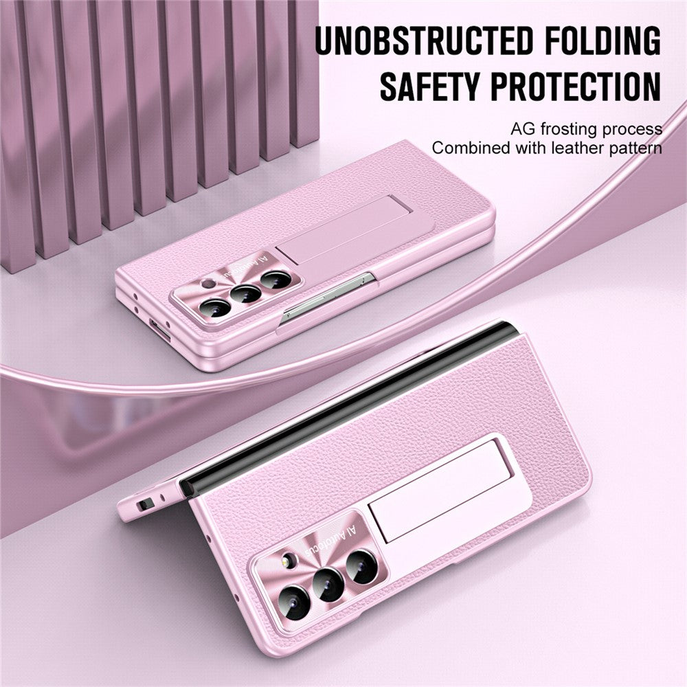 For Samsung Galaxy Z Fold7 5G Case Kickstand Leather + PC Phone Cover with Tempered Glass Film - Pink