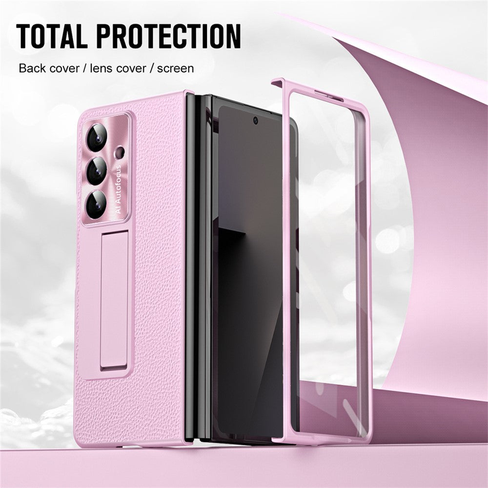 For Samsung Galaxy Z Fold7 5G Case Kickstand Leather + PC Phone Cover with Tempered Glass Film - Pink