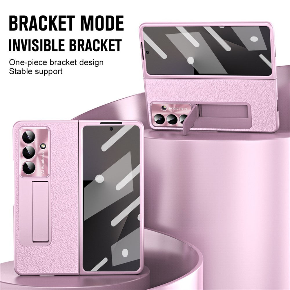 For Samsung Galaxy Z Fold7 5G Case Kickstand Leather + PC Phone Cover with Tempered Glass Film - Pink
