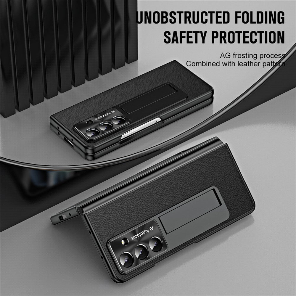 For Samsung Galaxy Z Fold7 5G Case Kickstand Leather + PC Phone Cover with Tempered Glass Film - Black