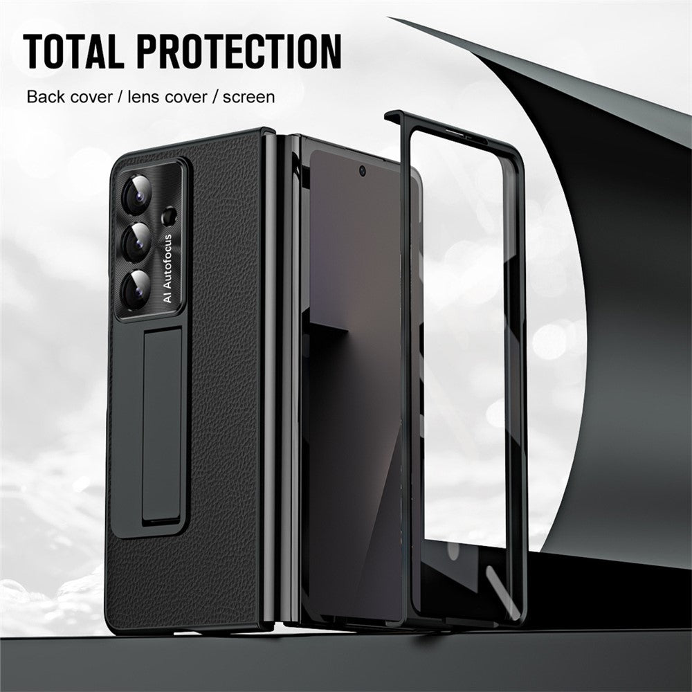 For Samsung Galaxy Z Fold7 5G Case Kickstand Leather + PC Phone Cover with Tempered Glass Film - Black
