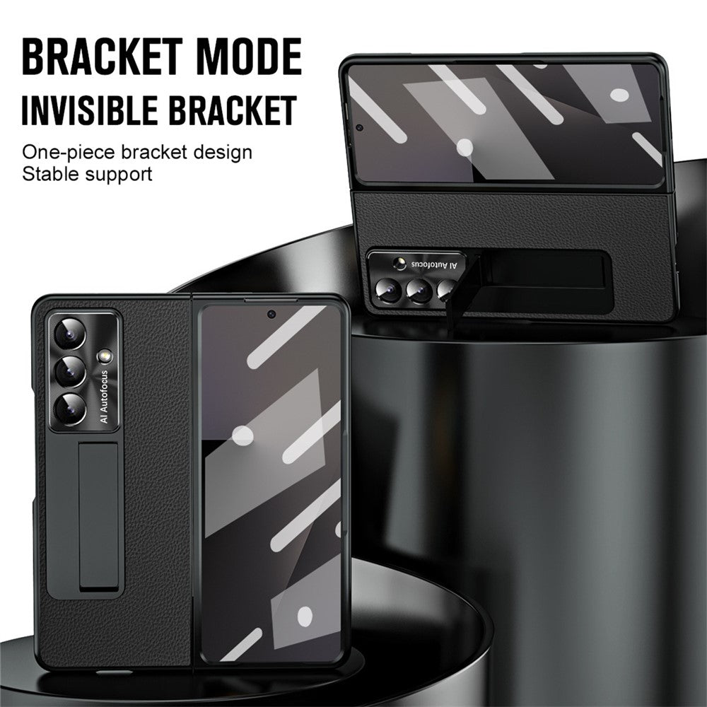 For Samsung Galaxy Z Fold7 5G Case Kickstand Leather + PC Phone Cover with Tempered Glass Film - Black