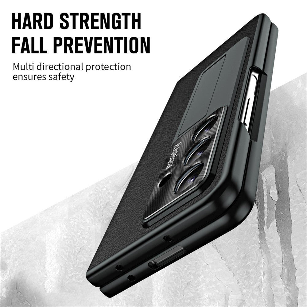 For Samsung Galaxy Z Fold7 5G Case Kickstand Leather + PC Phone Cover with Tempered Glass Film - Black