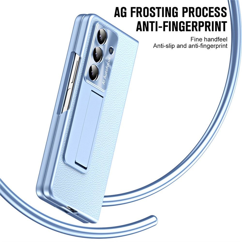 For Samsung Galaxy Z Fold7 5G Case Kickstand Leather + PC Phone Cover with Tempered Glass Film - Blue