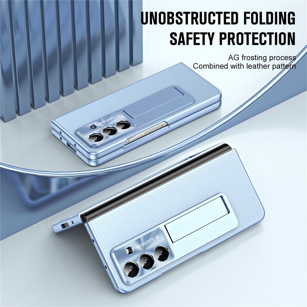 For Samsung Galaxy Z Fold7 5G Case Kickstand Leather + PC Phone Cover with Tempered Glass Film - Blue