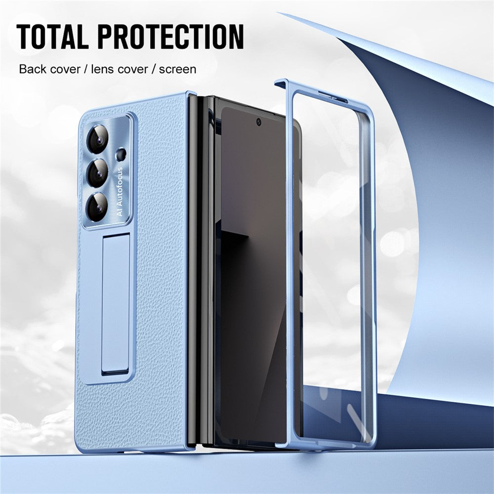 For Samsung Galaxy Z Fold7 5G Case Kickstand Leather + PC Phone Cover with Tempered Glass Film - Blue
