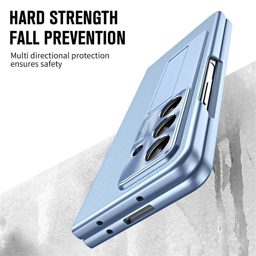 For Samsung Galaxy Z Fold7 5G Case Kickstand Leather + PC Phone Cover with Tempered Glass Film - Blue