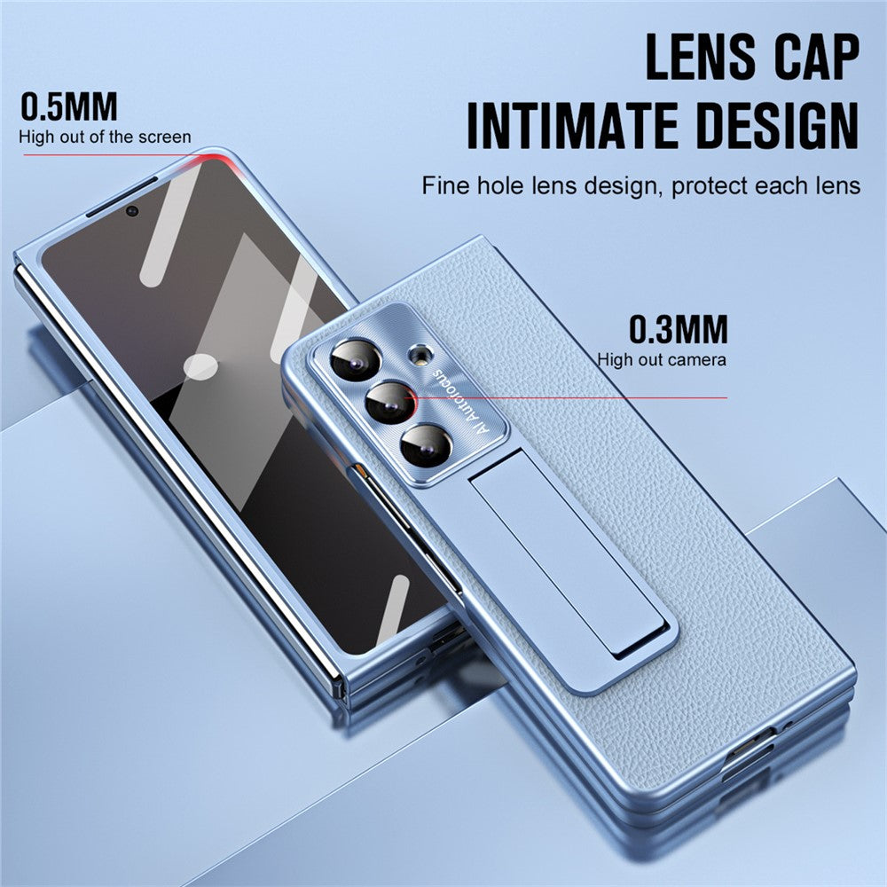 For Samsung Galaxy Z Fold7 5G Case Kickstand Leather + PC Phone Cover with Tempered Glass Film - Blue
