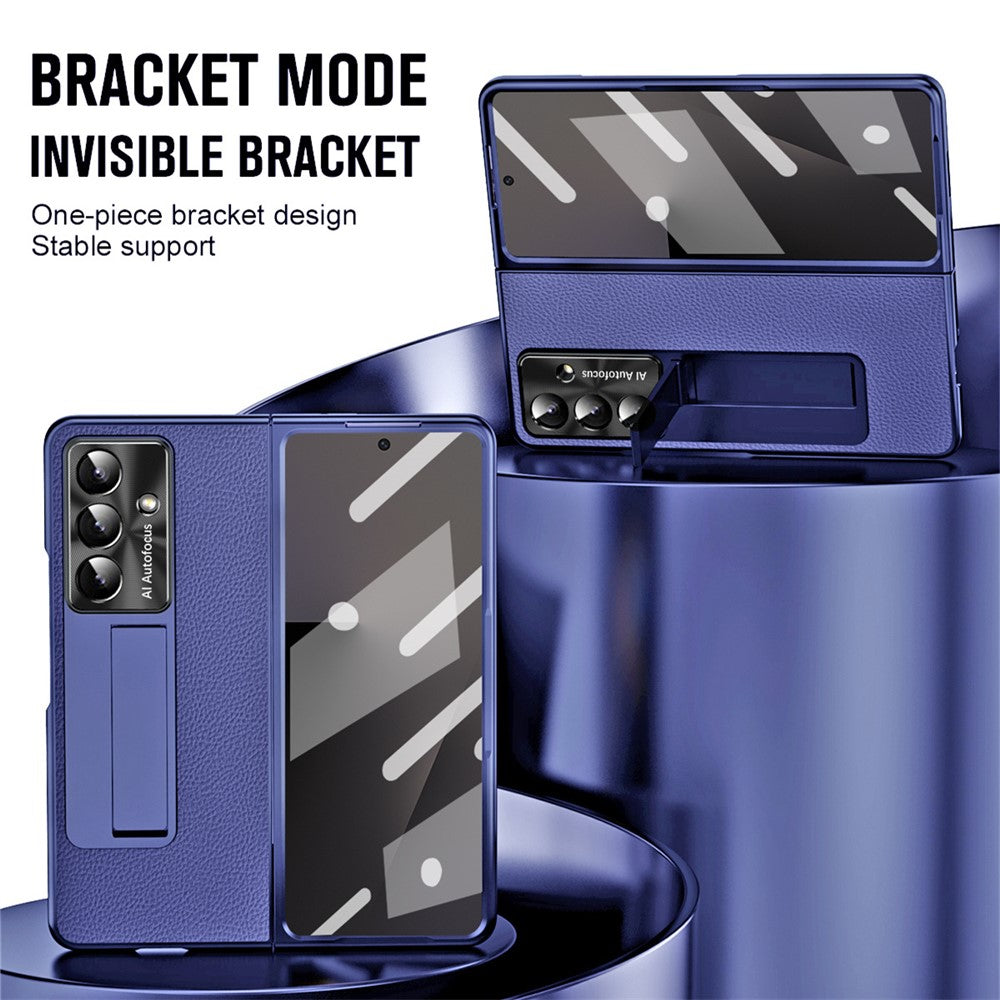 For Samsung Galaxy Z Fold7 5G Case Kickstand Leather + PC Phone Cover with Tempered Glass Film - Dark Blue