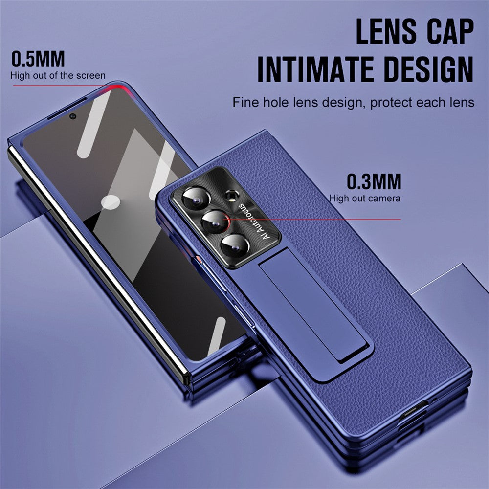 For Samsung Galaxy Z Fold7 5G Case Kickstand Leather + PC Phone Cover with Tempered Glass Film - Dark Blue