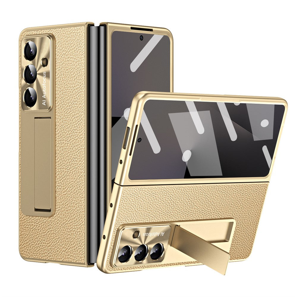 For Samsung Galaxy Z Fold7 5G Case Kickstand Leather + PC Phone Cover with Tempered Glass Film - Gold