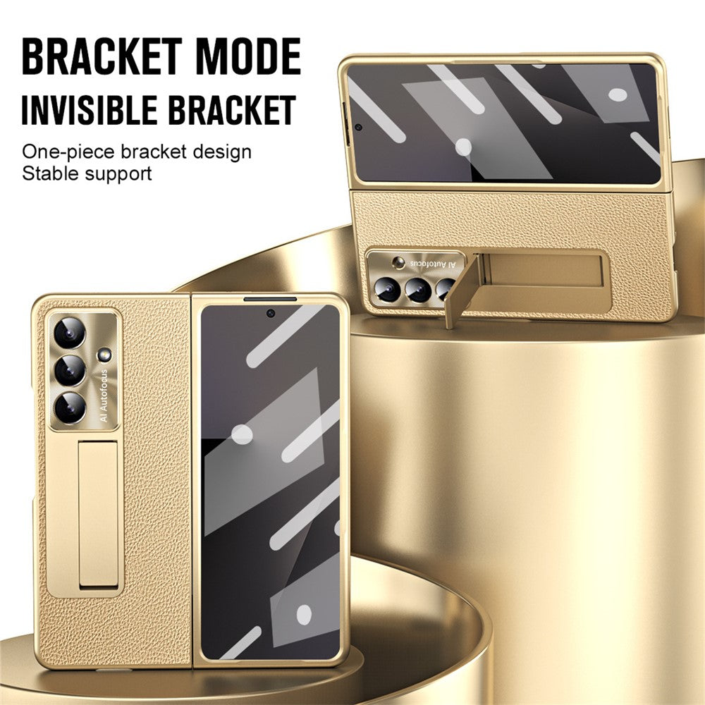 For Samsung Galaxy Z Fold7 5G Case Kickstand Leather + PC Phone Cover with Tempered Glass Film - Gold