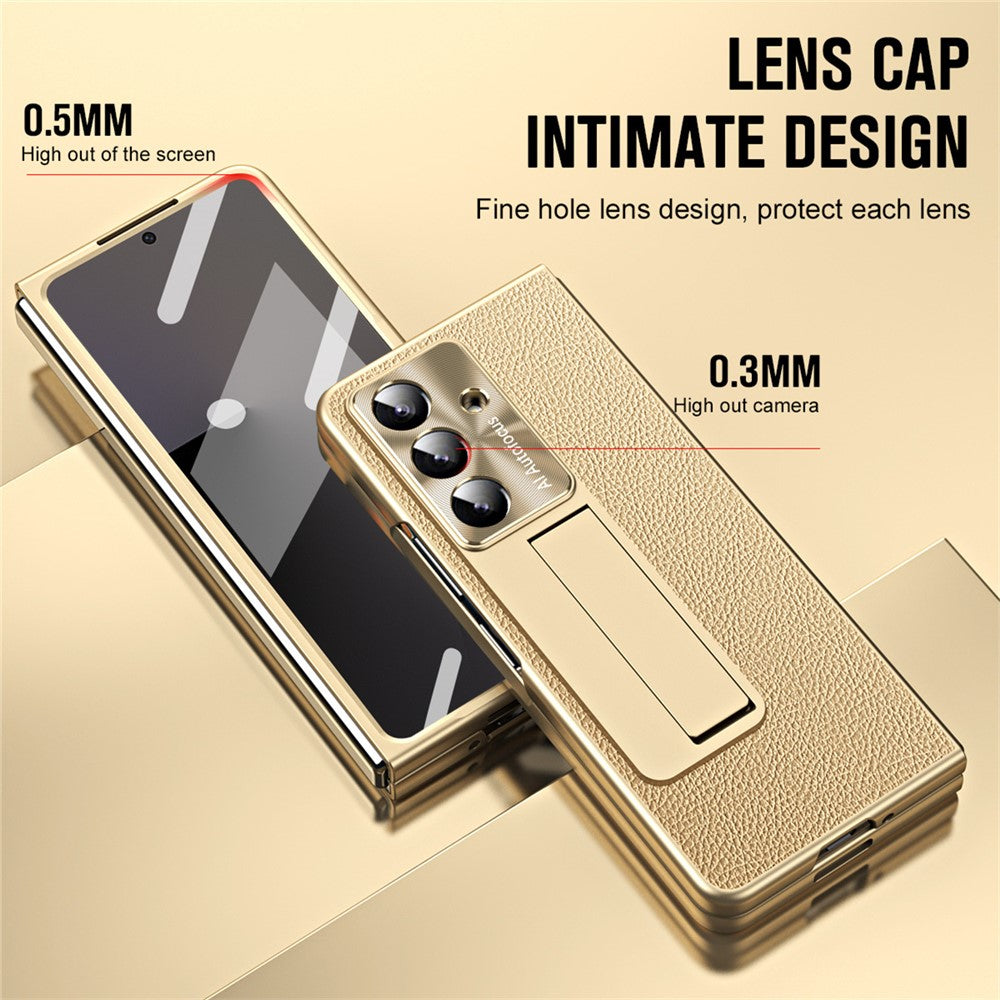 For Samsung Galaxy Z Fold7 5G Case Kickstand Leather + PC Phone Cover with Tempered Glass Film - Gold