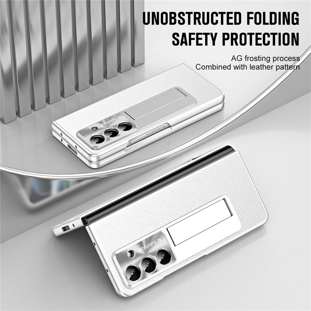 For Samsung Galaxy Z Fold7 5G Case Kickstand Leather + PC Phone Cover with Tempered Glass Film - Silver