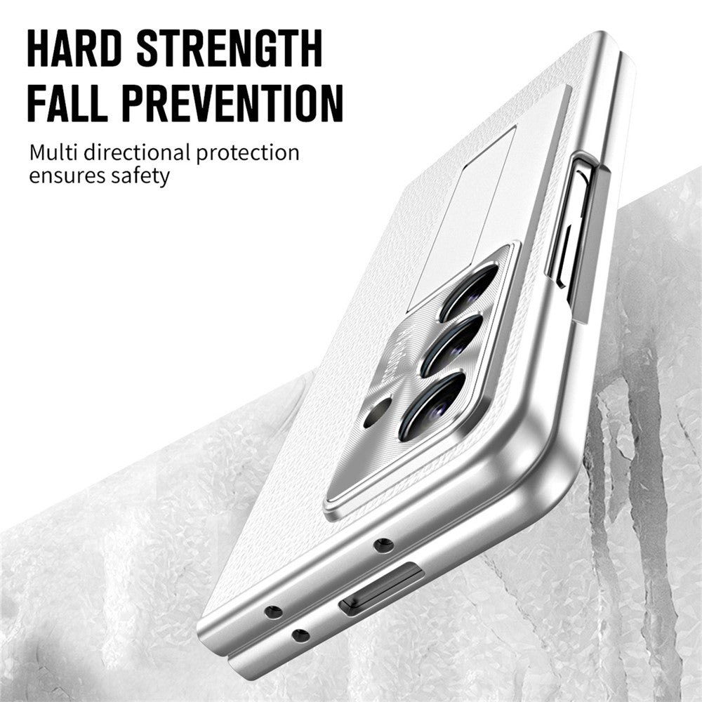 For Samsung Galaxy Z Fold7 5G Case Kickstand Leather + PC Phone Cover with Tempered Glass Film - Silver