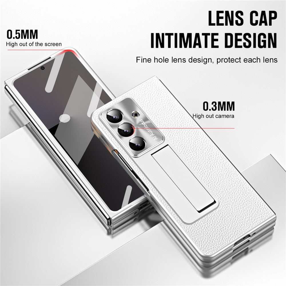 For Samsung Galaxy Z Fold7 5G Case Kickstand Leather + PC Phone Cover with Tempered Glass Film - Silver