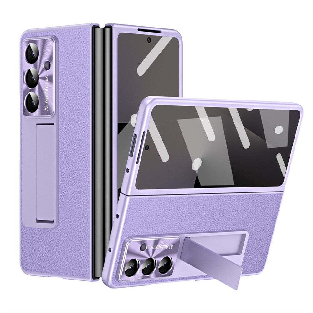 For Samsung Galaxy Z Fold7 5G Case Kickstand Leather + PC Phone Cover with Tempered Glass Film - Purple