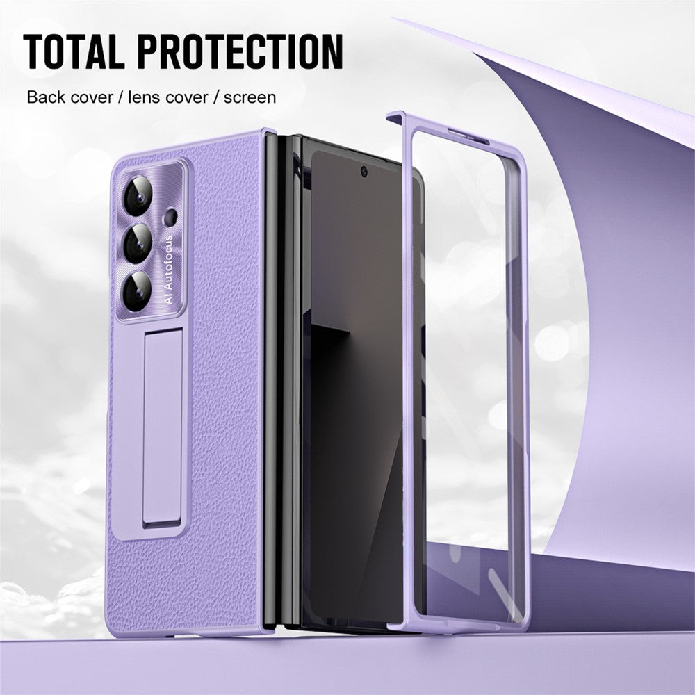 For Samsung Galaxy Z Fold7 5G Case Kickstand Leather + PC Phone Cover with Tempered Glass Film - Purple