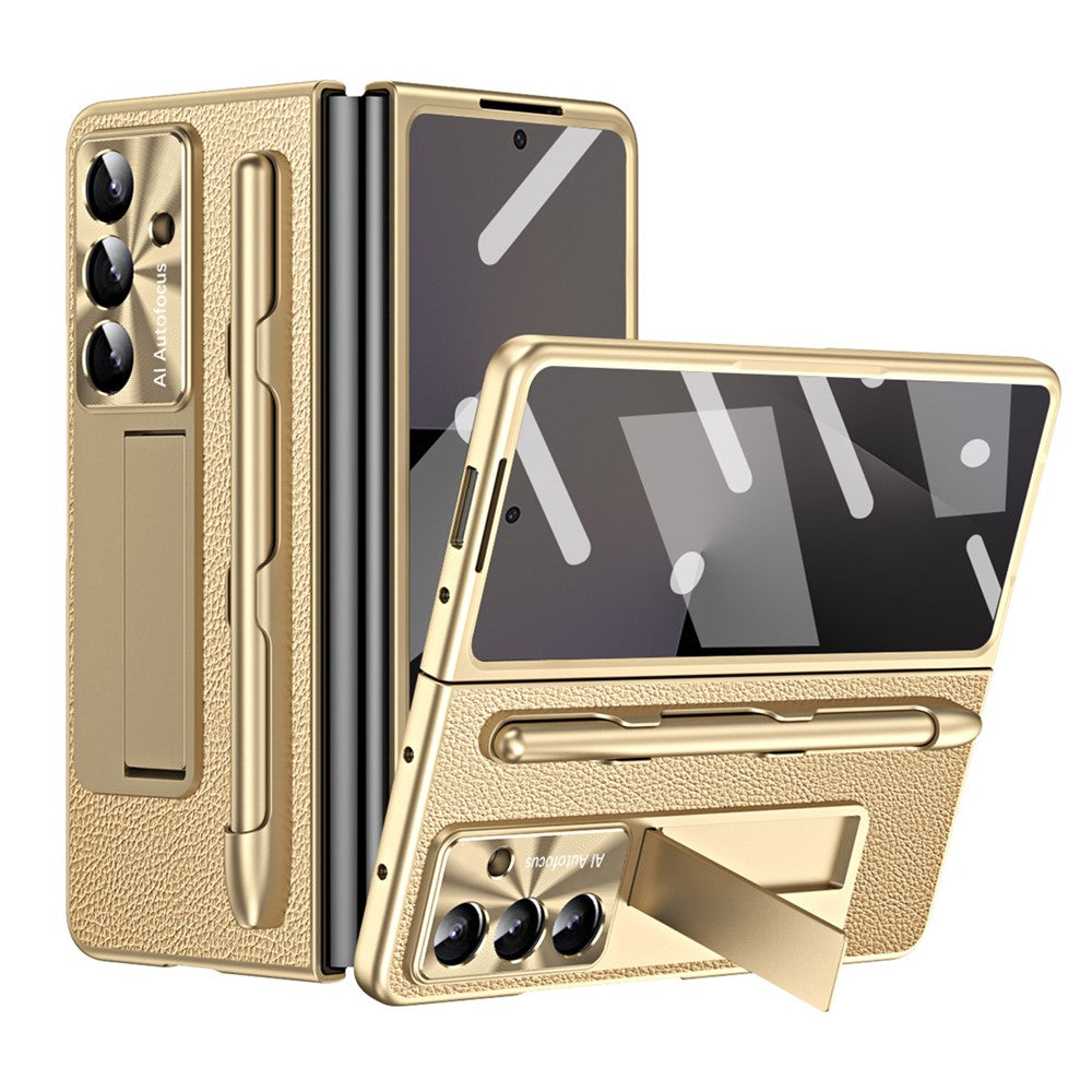 For Samsung Galaxy Z Fold7 5G Case Kickstand Leather + PC Hard Phone Cover with Screen Film and Stylus - Champagne Gold
