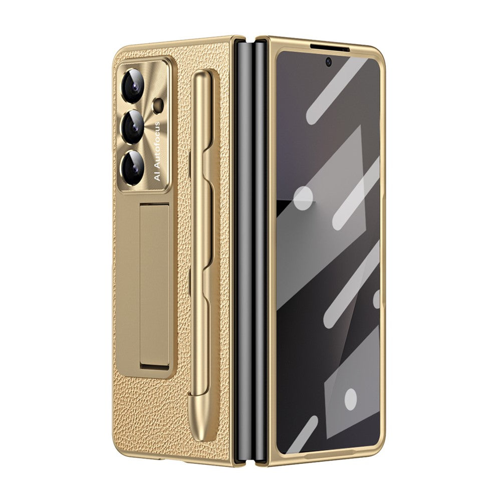 For Samsung Galaxy Z Fold7 5G Case Kickstand Leather + PC Hard Phone Cover with Screen Film and Stylus - Champagne Gold