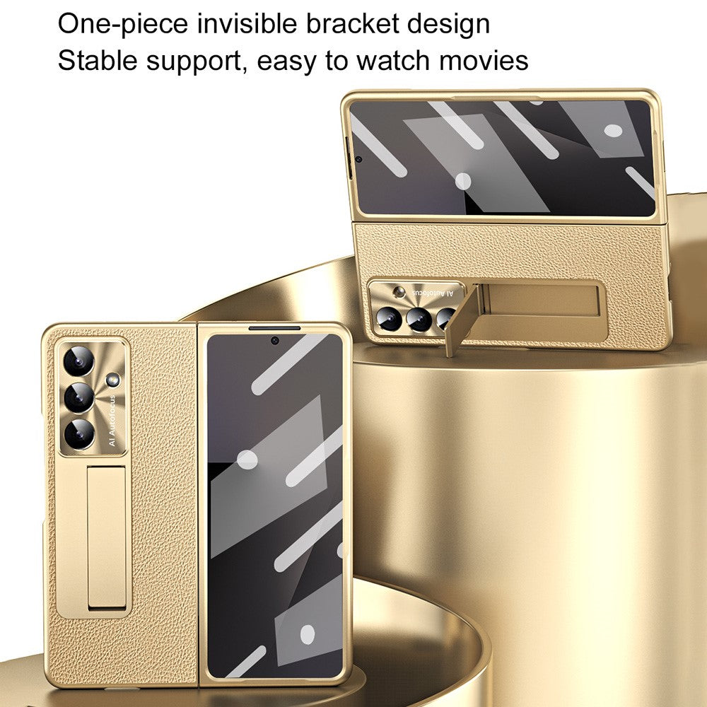 For Samsung Galaxy Z Fold7 5G Case Kickstand Leather + PC Hard Phone Cover with Screen Film and Stylus - Champagne Gold