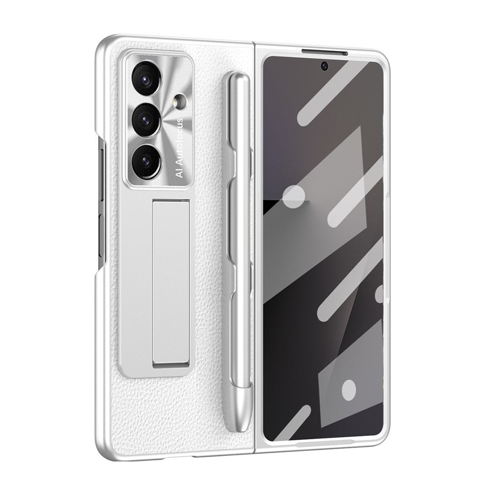 For Samsung Galaxy Z Fold7 5G Case Kickstand Leather + PC Hard Phone Cover with Screen Film and Stylus - Silver