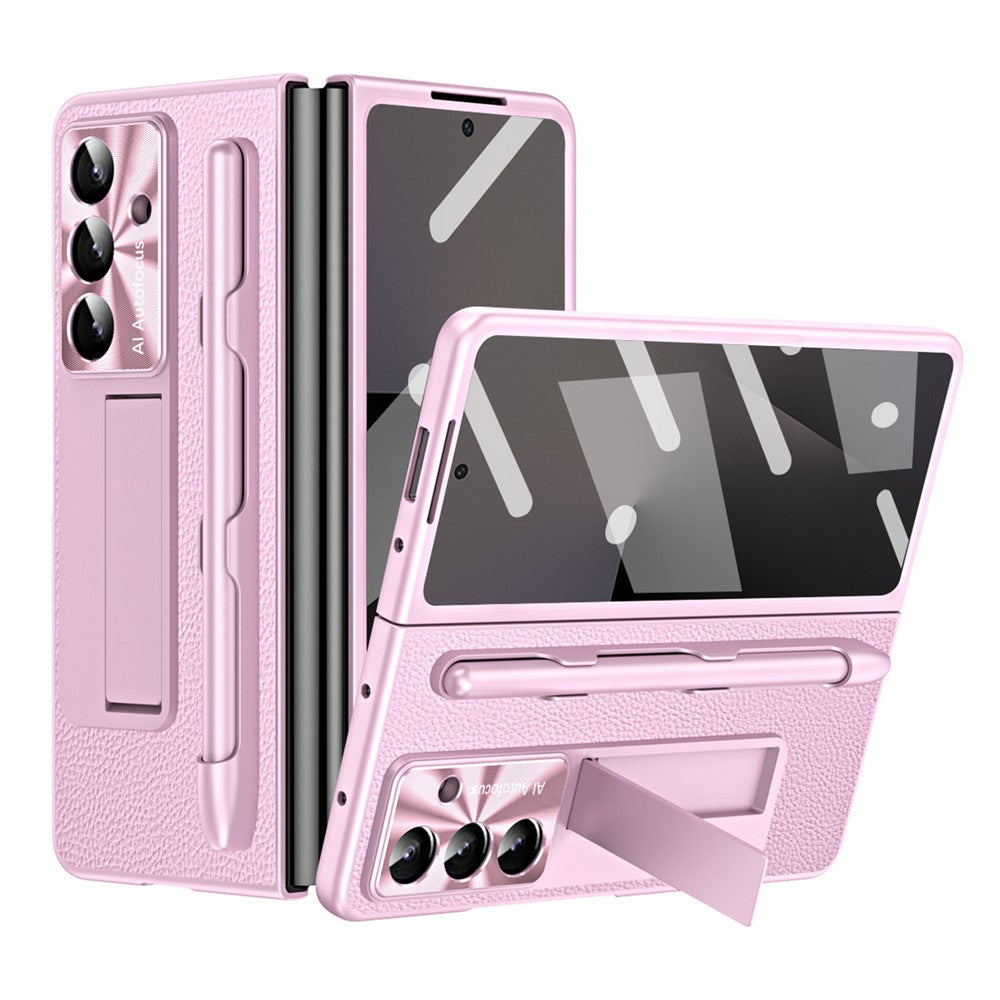 For Samsung Galaxy Z Fold7 5G Case Kickstand Leather + PC Hard Phone Cover with Screen Film and Stylus - Pink