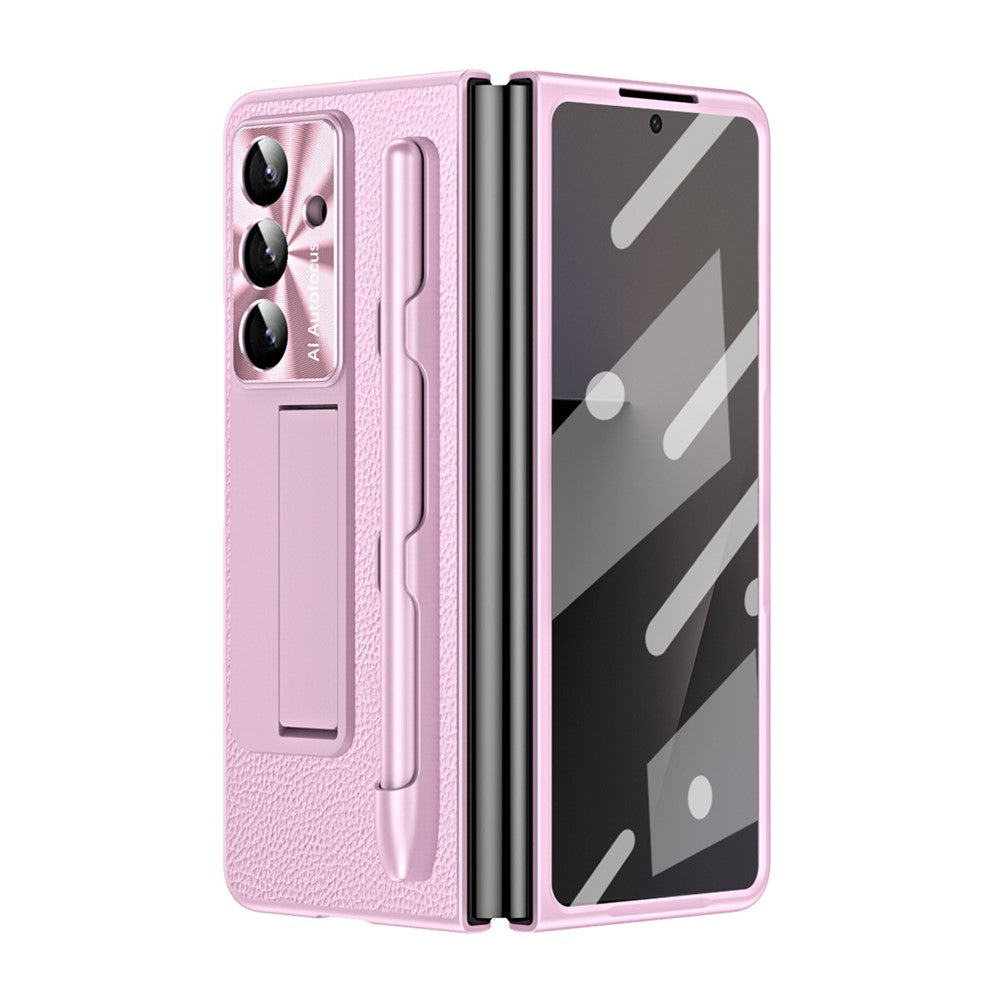For Samsung Galaxy Z Fold7 5G Case Kickstand Leather + PC Hard Phone Cover with Screen Film and Stylus - Pink