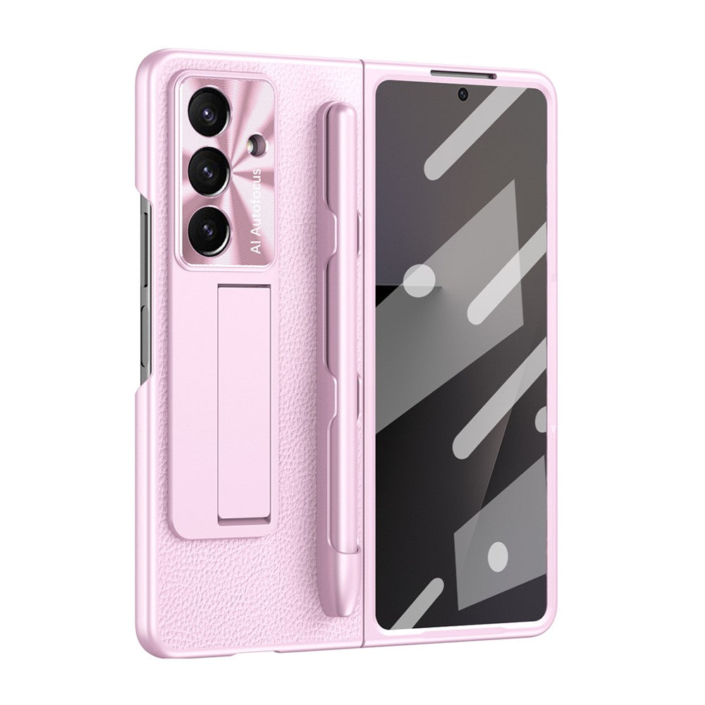 For Samsung Galaxy Z Fold7 5G Case Kickstand Leather + PC Hard Phone Cover with Screen Film and Stylus - Pink