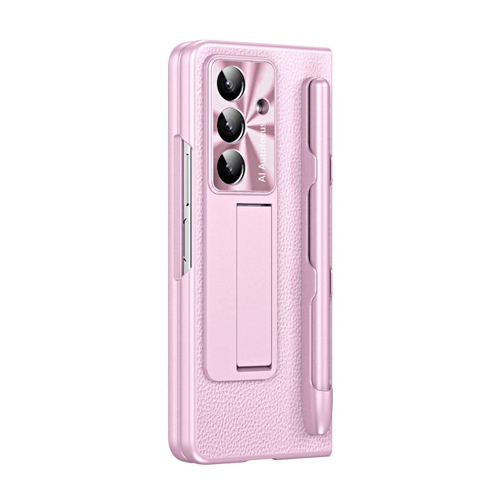For Samsung Galaxy Z Fold7 5G Case Kickstand Leather + PC Hard Phone Cover with Screen Film and Stylus - Pink