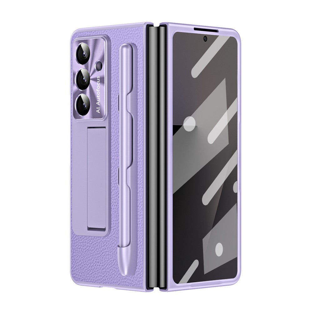 For Samsung Galaxy Z Fold7 5G Case Kickstand Leather + PC Hard Phone Cover with Screen Film and Stylus - Purple