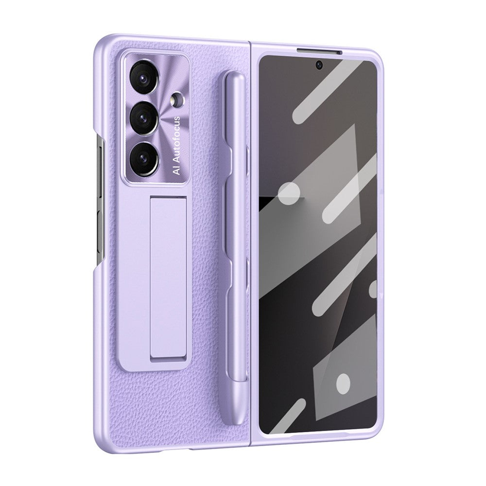 For Samsung Galaxy Z Fold7 5G Case Kickstand Leather + PC Hard Phone Cover with Screen Film and Stylus - Purple