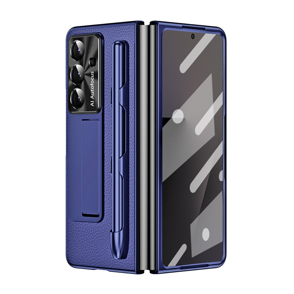 For Samsung Galaxy Z Fold7 5G Case Kickstand Leather + PC Hard Phone Cover with Screen Film and Stylus - Dark Blue