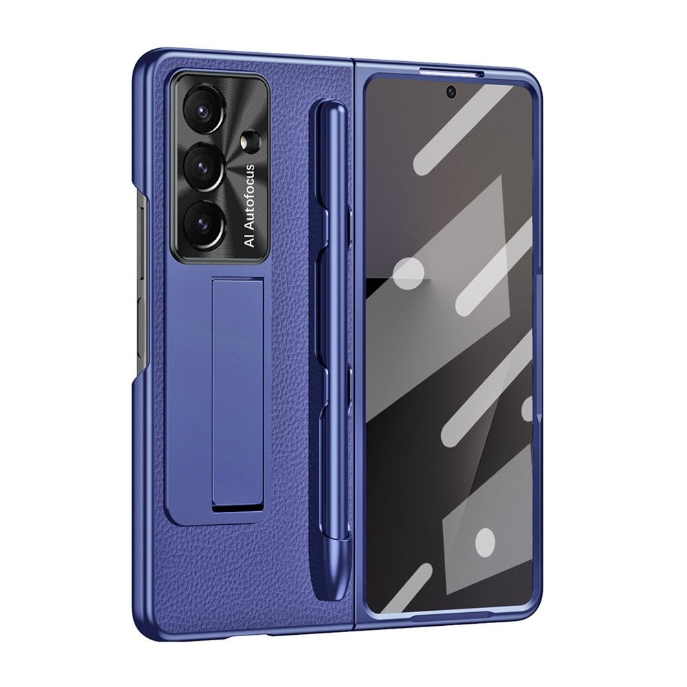 For Samsung Galaxy Z Fold7 5G Case Kickstand Leather + PC Hard Phone Cover with Screen Film and Stylus - Dark Blue