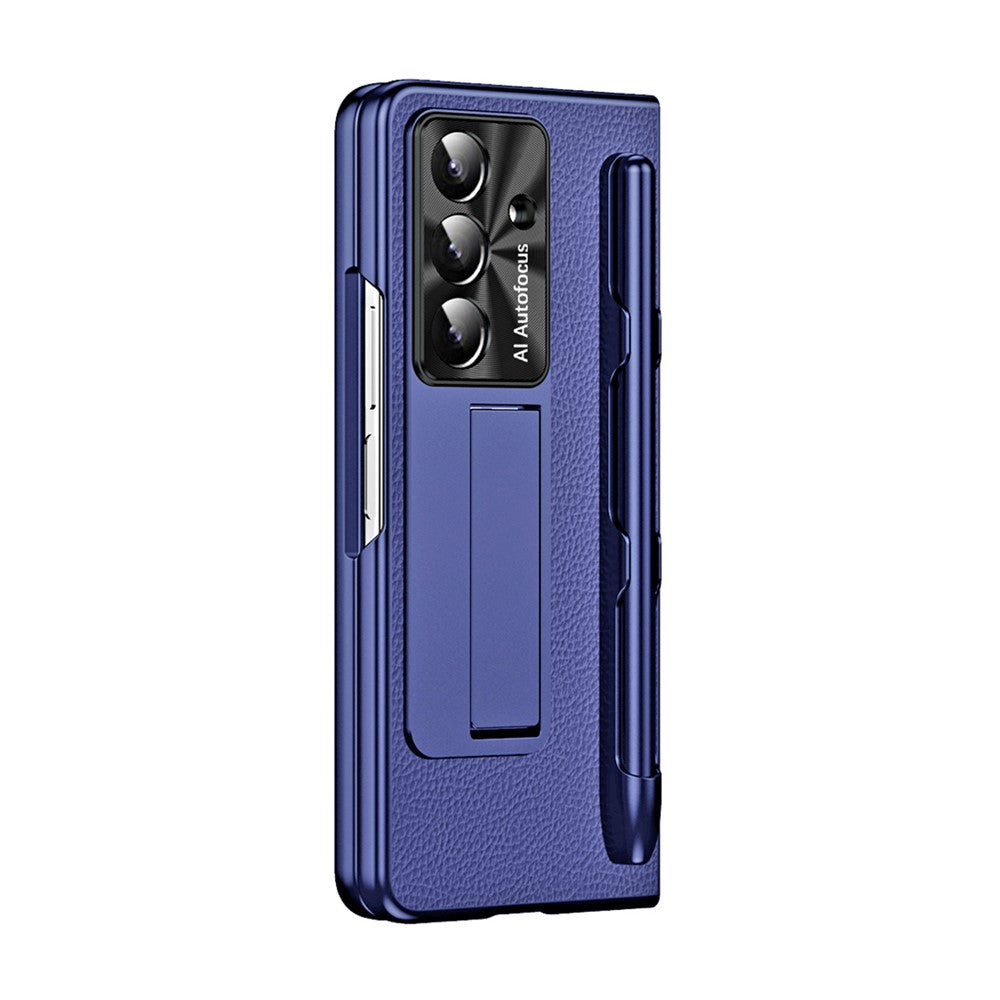For Samsung Galaxy Z Fold7 5G Case Kickstand Leather + PC Hard Phone Cover with Screen Film and Stylus - Dark Blue