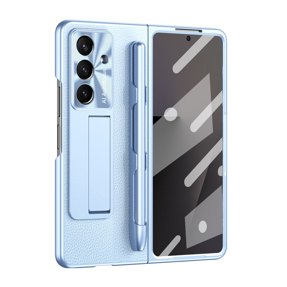 For Samsung Galaxy Z Fold7 5G Case Kickstand Leather + PC Hard Phone Cover with Screen Film and Stylus - Blue