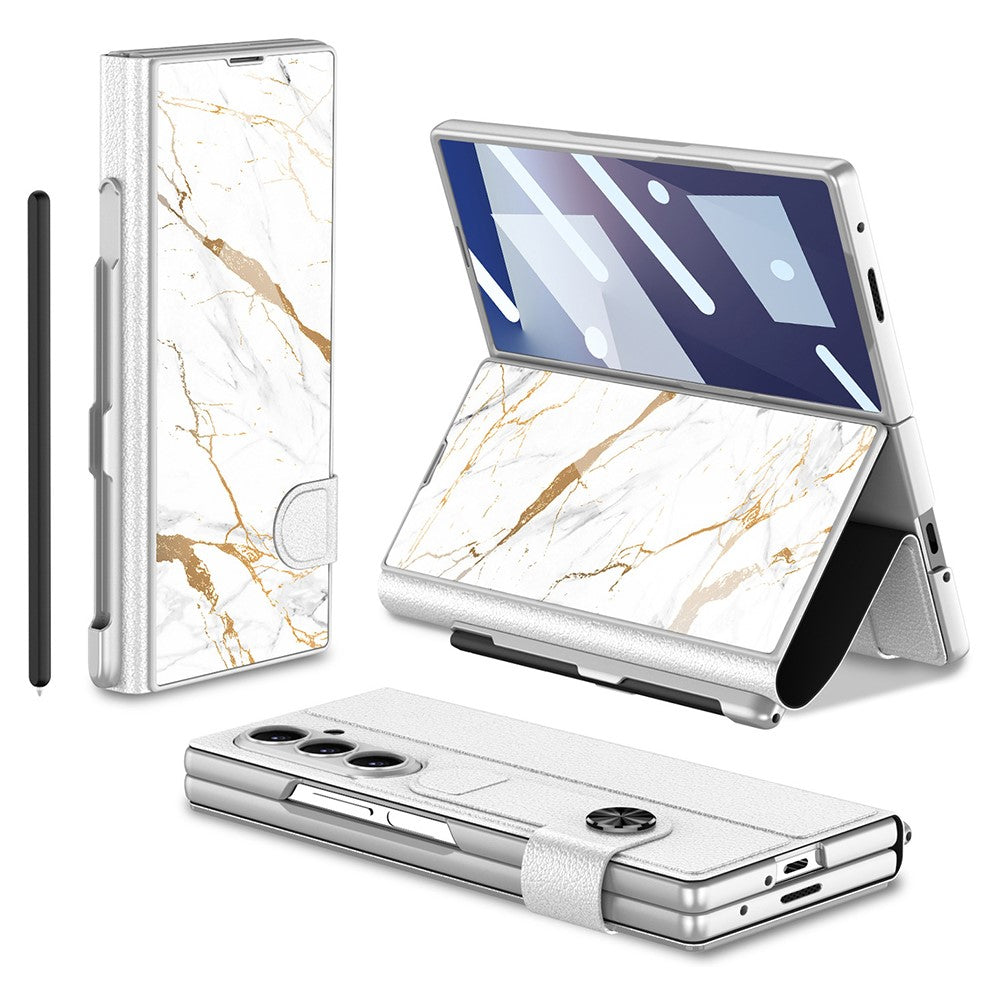 GKK For Samsung Galaxy Z Fold7 5G Case with Pencil Slot Hard PC + PU + Tempered Glass Phone Cover - Gold / White