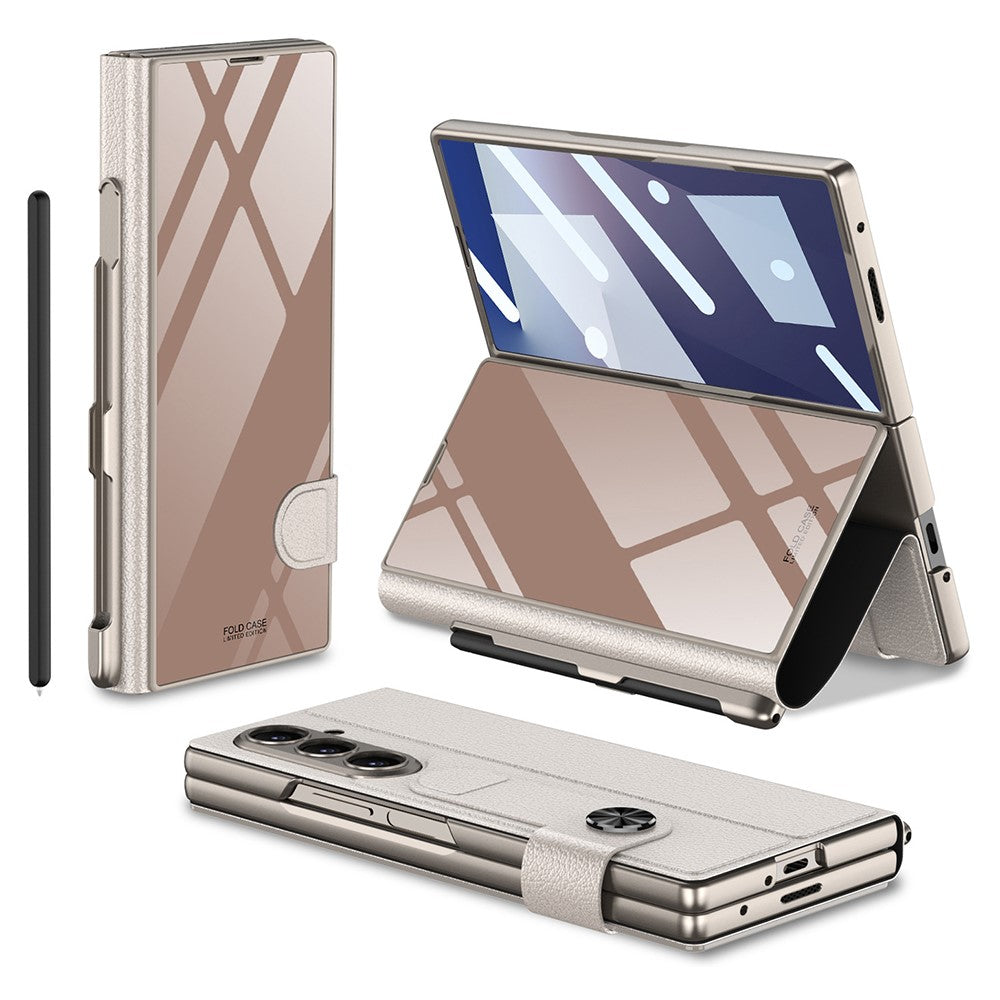 GKK For Samsung Galaxy Z Fold7 5G Case with Pencil Slot Hard PC + PU + Tempered Glass Phone Cover - Rose Gold