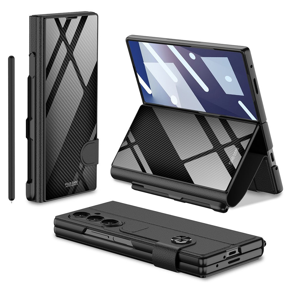 GKK For Samsung Galaxy Z Fold7 5G Case with Pencil Slot Hard PC + PU + Tempered Glass Phone Cover - Carbon Fiber Texture