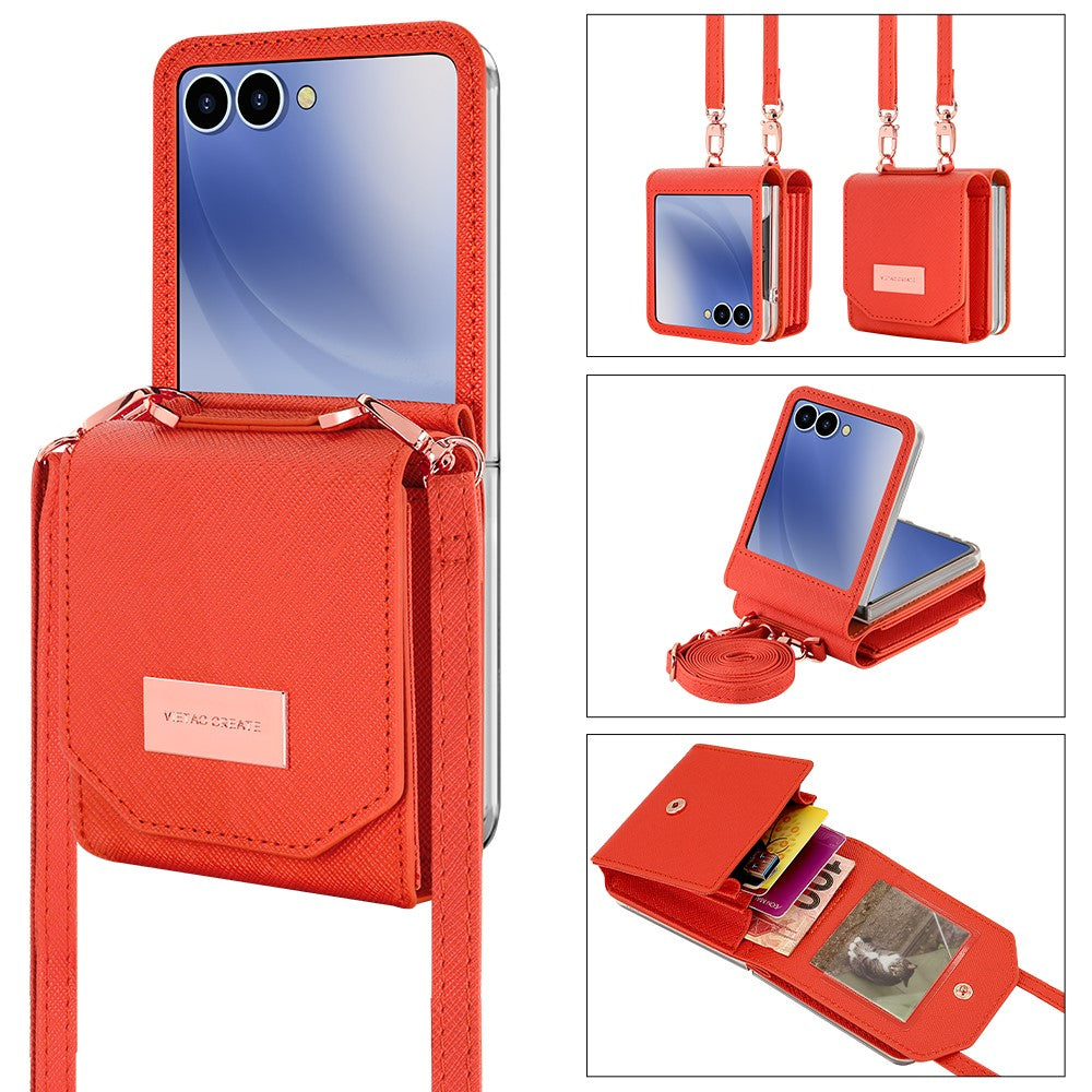 For Samsung Galaxy Z Flip7 5G Case Card Bag Kickstand PU Leather PC Phone Cover with Strap - Orange